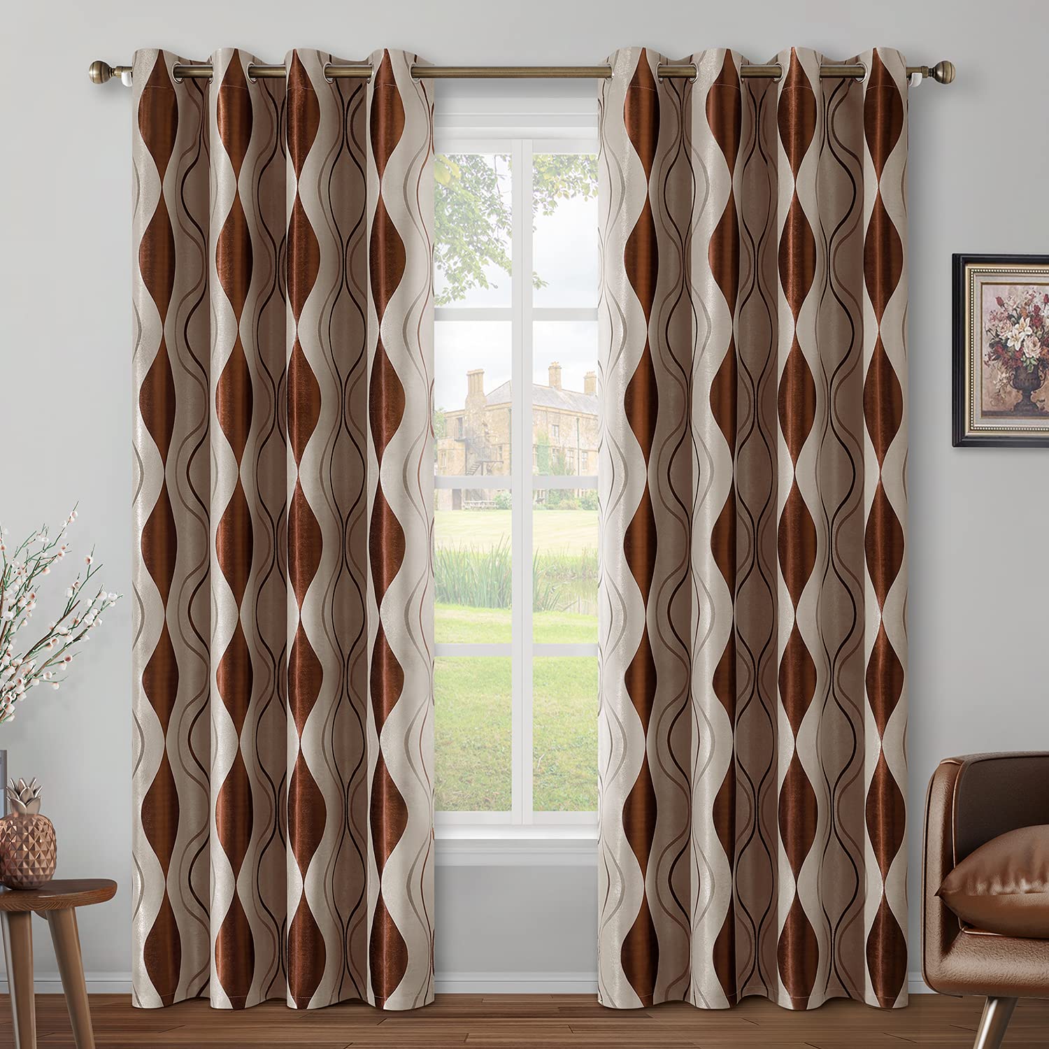 Homeideas Wave Room Darkening Curtains 52 X 96 Inch Long Brown And Beige Set Of 2 Panels Bedroom Curtains/Drapes,Jacquard Gromme